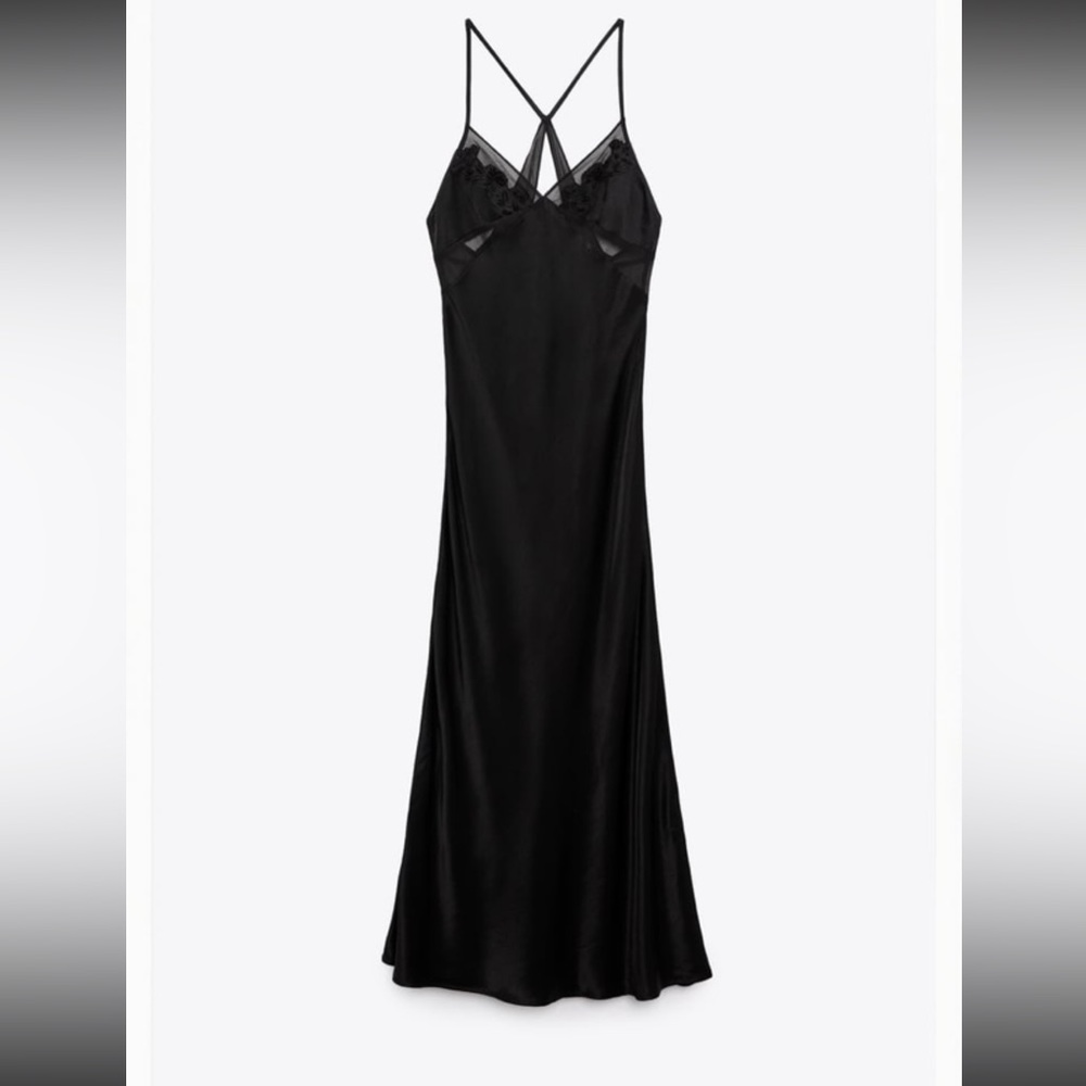 COPY - STUNNING BLACK SATIN SLIP DRESS WITH MESH EMBROIDERY SIZE XS - Picture 2 of 2